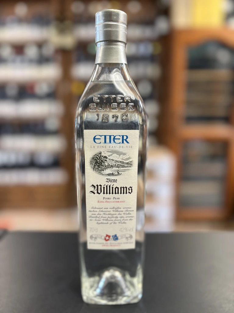 Bouteille d'eau-de-vie de poire Williams Etter, spécialité suisse, 42 % vol., format 70 cl.