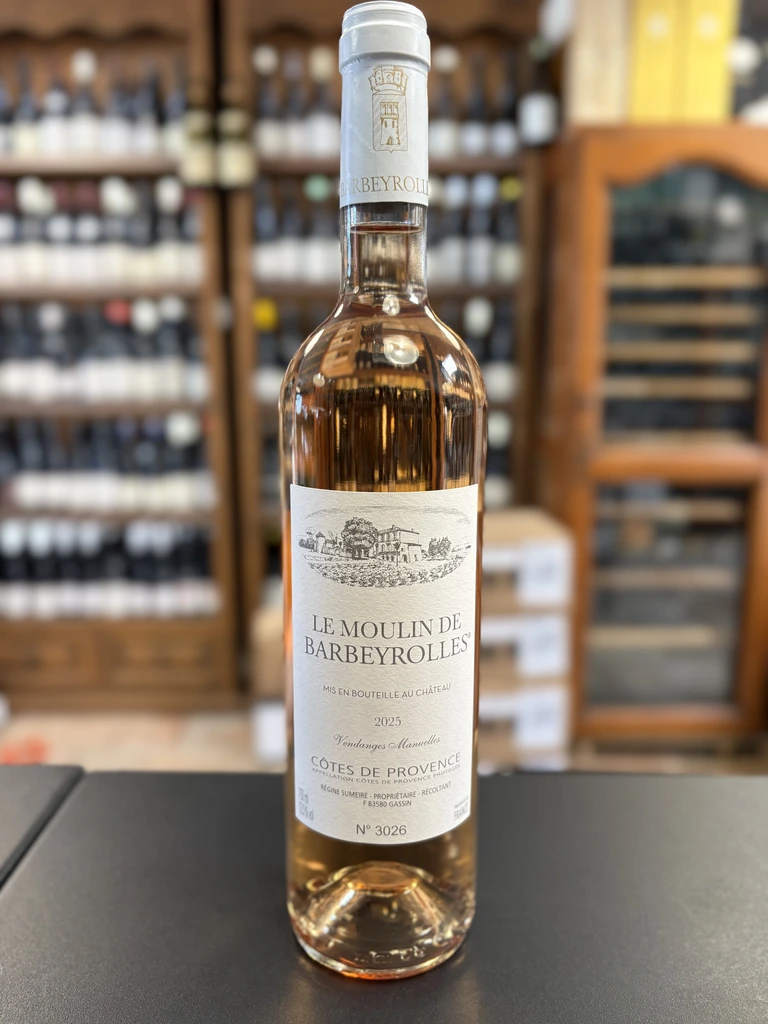 Bouteille de vin rosé Le Moulin de Barbeyrolles 2025, vendanges manuelles, appellation AOP Côtes de Provence.